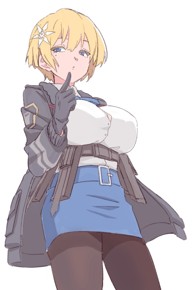 1girl bangs belt black_gloves black_jacket black_legwear blonde_hair blue_belt blue_eyes blue_neckwear blue_skirt breasts button_gap collared_shirt commentary covered_nipples cowboy_shot eyebrows_behind_hair finger_to_chin girls_frontline gloves hair_between_eyes hair_ornament highres jacket kannana large_breasts long_sleeves looking_to_the_side magazine_(weapon) miniskirt mole mole_under_eye neck_ribbon open_clothes open_jacket pantyhose parted_lips ribbon shirt shirt_tucked_in short_hair sidelocks simple_background skirt snap-fit_buckle snowflake_hair_ornament solo standing taut_skirt vsk-94_(girls_frontline) white_background white_shirt