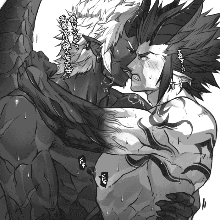 2boys ash_core_(dungeon_and_fighter) bara blush chest demon dungeon_and_fighter earrings etrenok_(dungeon_and_fighter) greyscale horns imminent_kiss jewelry kiss licking_lips male_focus monochrome multiple_boys muscle nikism nipples pectoral_docking pectorals pointy_ears sweat tattoo tongue tongue_out yaoi