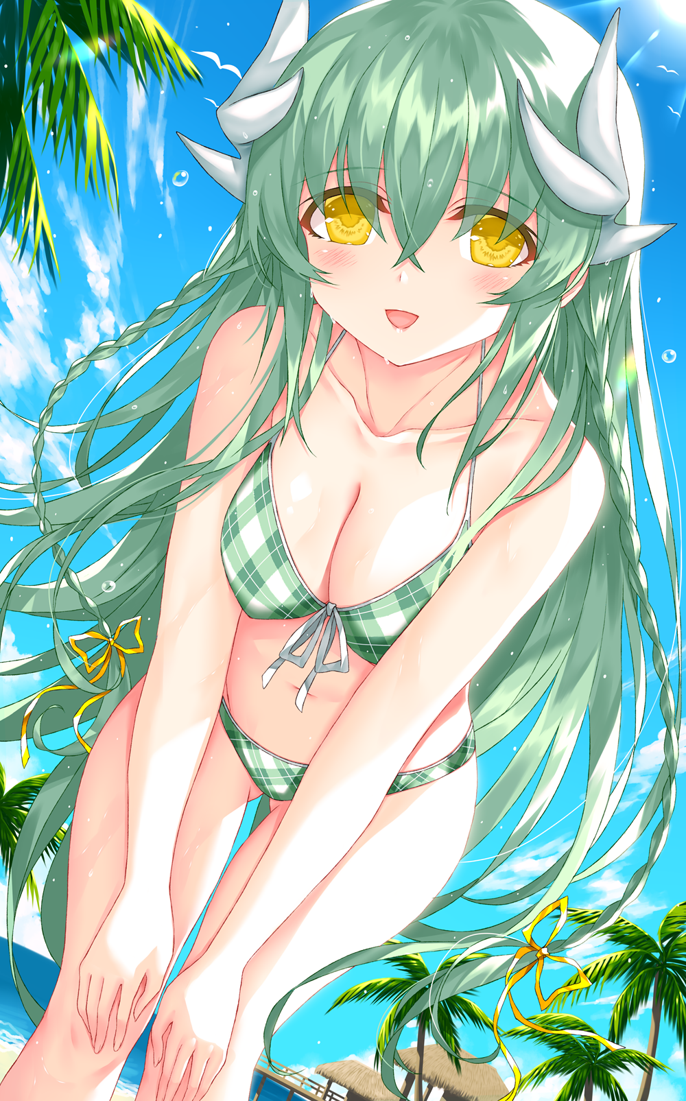 1girl alternate_costume aqua_hair beach bikini blue_sky braid breasts building day dragon_girl dragon_horns fate/grand_order fate_(series) front-tie_bikini front-tie_top highres horns kiyohime_(fate/grand_order) leaning_forward long_hair looking_at_viewer medium_breasts morizono_shiki multiple_horns navel outdoors plaid plaid_bikini sky solo swimsuit twin_braids yellow_eyes