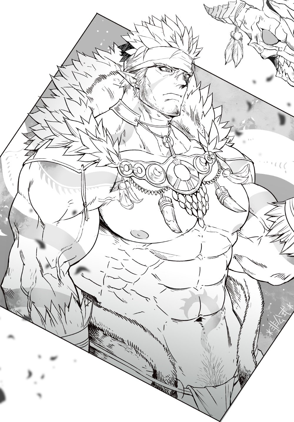 1boy abs bara beard chest facial_hair greyscale headband highres jewelry male_focus manly monochrome muscle necklace nikism nipples pectorals pointy_ears shirtless solo spiky_hair tangaroa tattoo tokyo_houkago_summoners upper_body