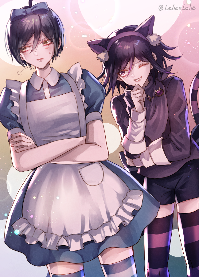 2boys alice_(wonderland) alice_(wonderland)_(cosplay) alice_in_wonderland animal_ear_fluff animal_ears apron bangs black_bow black_hair black_legwear black_shorts blue_dress blue_legwear blush bow brown_eyes cat_ears cheshire_cat cheshire_cat_(cosplay) commentary_request cosplay crossdressinging crossed_arms dangan_ronpa dress fake_animal_ears gem grin hair_bow hand_on_own_chin long_sleeves maid_apron male_focus medium_hair multiple_boys new_dangan_ronpa_v3 one_eye_closed ouma_kokichi pink_legwear puffy_short_sleeves puffy_sleeves purple_scarf saihara_shuuichi scarf short_sleeves shorts smile sweatdrop tail thigh-highs twitter_username two-tone_legwear violet_eyes white_apron white_legwear z-epto_(chat-noir86)