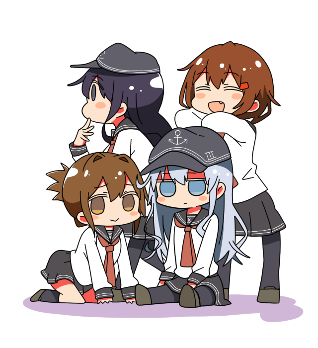 4girls =_= akatsuki_(kantai_collection) anchor_symbol aneko_(toshishitanoane) black_legwear black_sailor_collar black_skirt blue_eyes brown_eyes brown_hair chibi fang flat_cap folded_ponytail hair_ornament hairclip hat hibiki_(kantai_collection) ikazuchi_(kantai_collection) inazuma_(kantai_collection) kantai_collection long_hair long_sleeves looking_at_viewer looking_to_the_side multiple_girls neckerchief pleated_skirt purple_hair red_neckwear sailor_collar school_uniform serafuku shirt short_hair silver_hair simple_background skirt violet_eyes white_background white_shirt