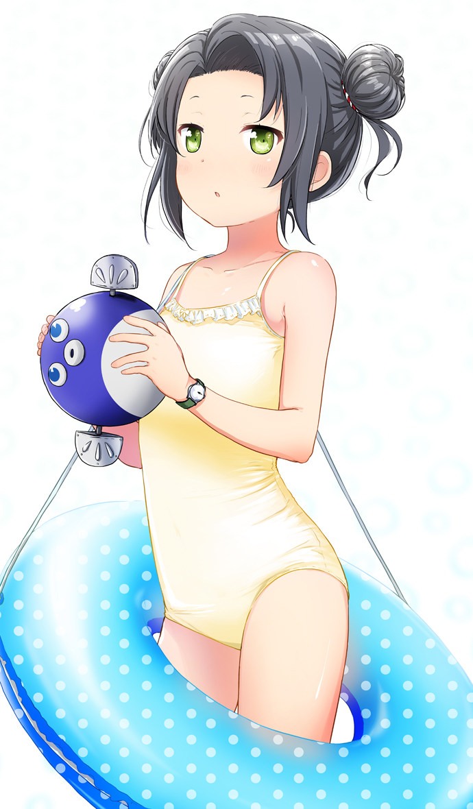 1girl abe_kanari black_hair character_request double_bun green_eyes high_school_fleet holding holding_toy inflatable_toy innertube one-piece_swimsuit puffer_fish simple_background solo standing swimsuit toy watch watch white_background yellow_swimsuit