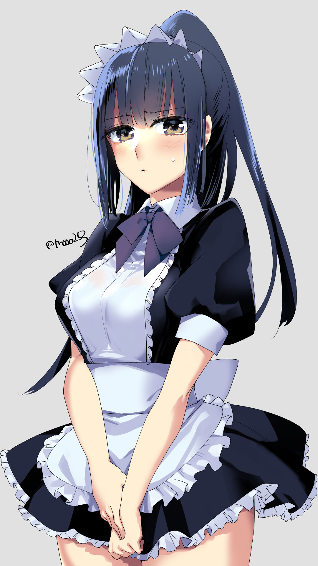 1girl apron black_dress black_hair breasts dress frilled_apron frilled_dress frills grey_eyes high_ponytail highres long_hair maid maid_apron maid_dress maid_headdress medium_breasts mo253 original puffy_short_sleeves puffy_sleeves short_dress short_sleeves solo thigh-highs white_apron white_legwear