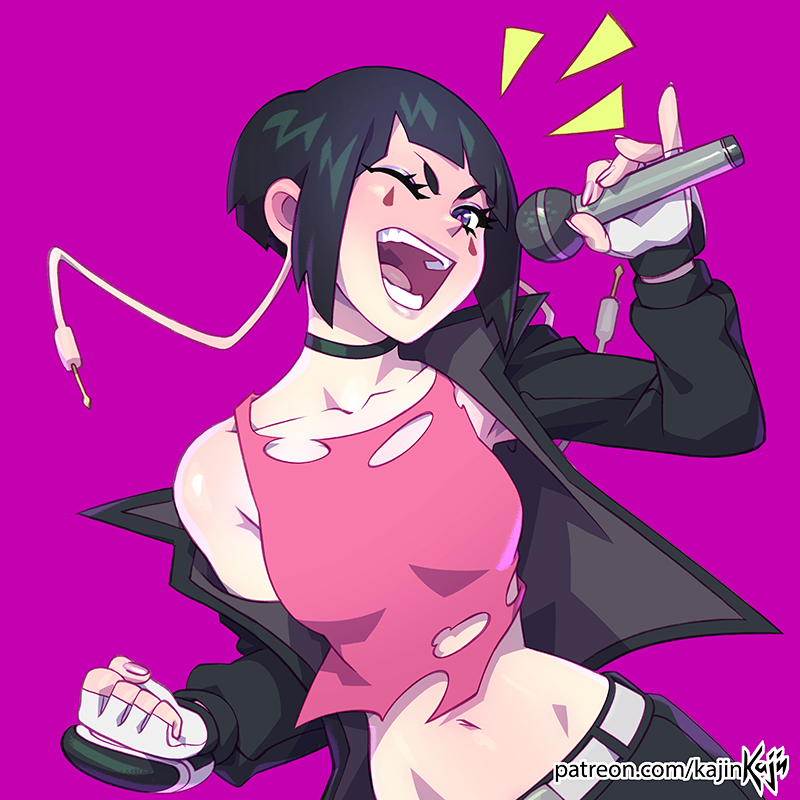 1girl ;d bare_shoulders boku_no_hero_academia choker facial_mark jacket jirou_kyouka kajin_(kajinman) microphone midriff music navel off_shoulder one_eye_closed open_clothes open_jacket open_mouth pink_background short_hair simple_background singing smile solo torn_clothes