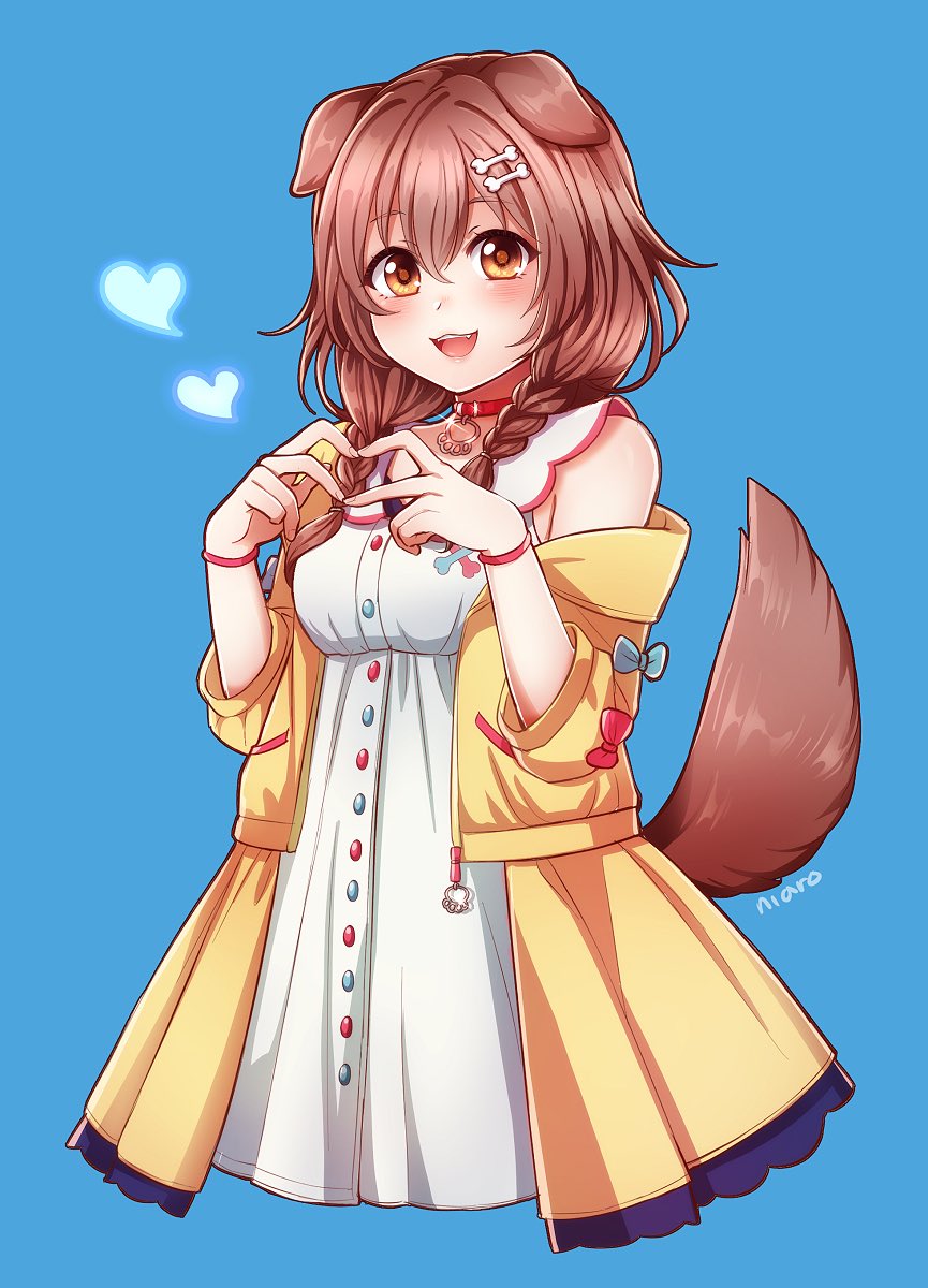 1girl :3 animal_ears bangs bare_shoulders blue_background blue_bow blush bone_hair_ornament bow bracelet brown_eyes brown_hair buttons cartoon_bone choker collar cowboy_shot dog_collar dog_ears dog_girl dog_tail dress fangs fingers_together hair_between_eyes hair_ornament hairclip heart heart_hands highres hololive inugami_korone jacket jewelry long_hair looking_at_viewer low_twin_braids niaro off_shoulder red_bow red_collar short_dress simple_background smile solo tail virtual_youtuber white_dress yellow_jacket