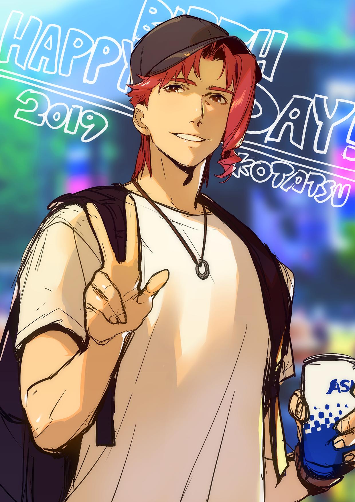 1boy artist_name backpack bag baseball_cap blurry blurry_background closed_mouth dated depth_of_field hand_up happy_birthday hat highres holding jewelry jojo_no_kimyou_na_bouken kakyouin_noriaki kotatsu_(g-rough) looking_at_viewer male_focus necklace red_eyes redhead shirt sketch smile solo stardust_crusaders upper_body white_shirt