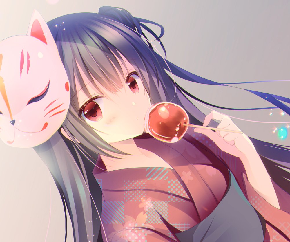 1girl bangs black_hair blush candy_apple closed_mouth commentary_request dutch_angle eyebrows_visible_through_hair food fox_mask grey_background hair_between_eyes hair_bun hand_up holding holding_food japanese_clothes kimono long_hair long_sleeves looking_at_viewer mask mask_on_head obi original red_eyes red_kimono sash shirogane_hina side_bun solo upper_body very_long_hair wide_sleeves