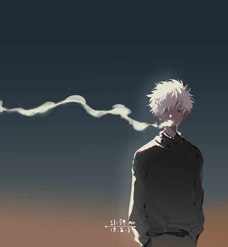 1boy black_eyes black_shirt dated gradient gradient_background hands_in_pockets male_focus original shirt smoke smoking solo standing timestamp ttk211 white_hair