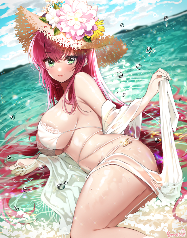 1girl azur_lane bangs bare_shoulders bikini blush breasts chanel chii_(nyaong9) closed_mouth commentary eyebrows_visible_through_hair flower green_eyes hair_between_eyes hat hat_flower large_breasts long_hair looking_at_viewer redhead shiny shiny_skin signature smile solo straw_hat sun_hat surcouf_(azur_lane) surcouf_(loisirs_balneaires)_(azur_lane) swimsuit thighs very_long_hair water wet white_bikini