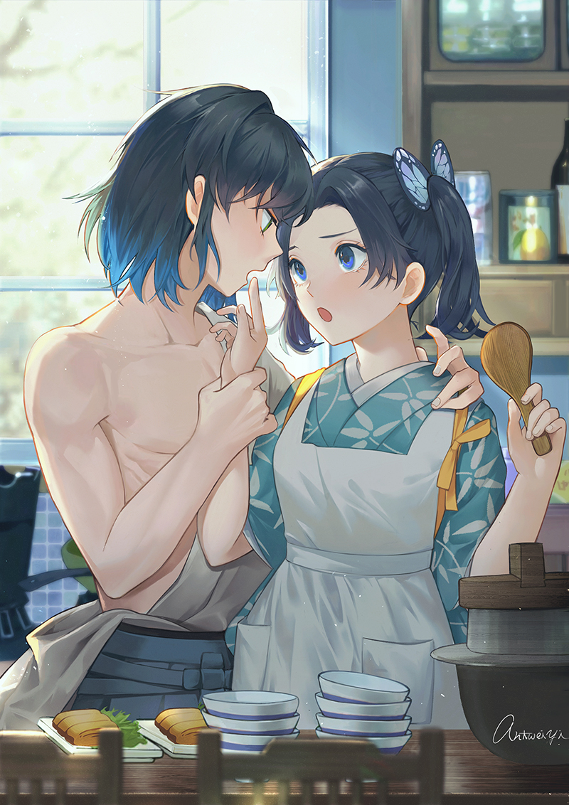 1boy 1girl antweiyi apron black_hair blue_eyes blue_hair butterfly_hair_ornament collarbone commentary_request day forehead gradient_hair green_eyes hair_ornament hand_on_another's_shoulder hashibira_inosuke holding holding_another's_arm indoors japanese_clothes kanzaki_aoi_(kimetsu_no_yaiba) kimetsu_no_yaiba kitchen looking_at_another multicolored_hair muscle open_mouth short_hair signature single_bare_shoulder twintails window