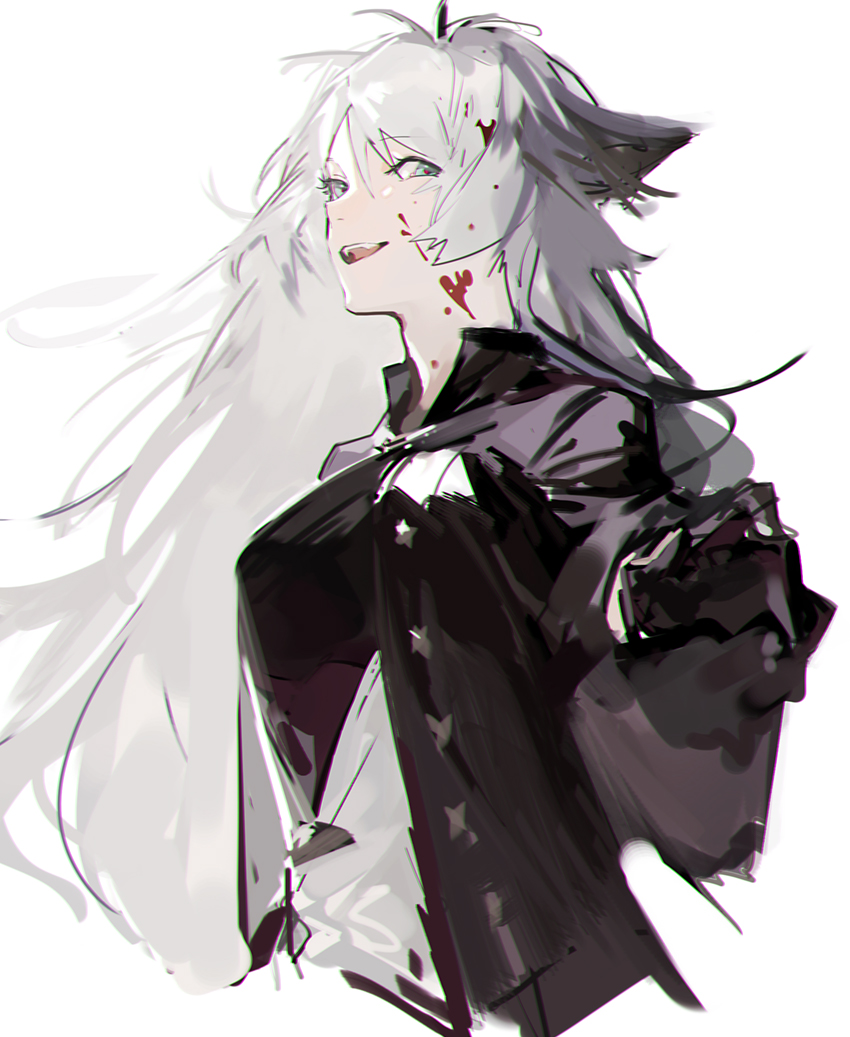 1girl animal_ears arknights black_coat black_gloves black_shirt blood blood_on_face breasts coat cowboy_shot fangs gloves grey_eyes hair_between_eyes jacket lappland_(arknights) long_hair looking_at_viewer medium_breasts nineo open_clothes open_coat open_mouth shirt silver_hair simple_background smile solo white_background white_jacket wolf_ears