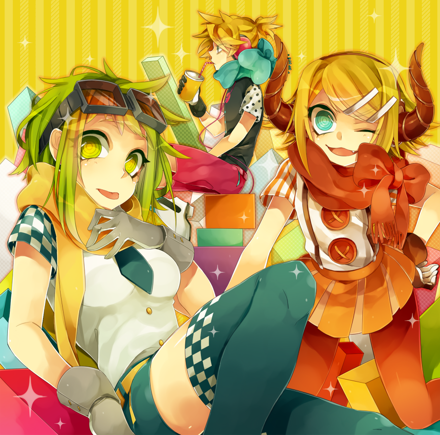 1boy 2girls bangs blonde_hair blue_eyes blue_legwear blue_scarf breasts buttons checkered colorful cup disposable_cup drink fang gloves goggles goggles_on_head green_eyes green_hair gumi hair_ornament hairclip haru_(oomr005) headphones horns kagamine_len kagamine_rin multiple_girls necktie one_eye_closed open_mouth orange_legwear pantyhose red_scarf scarf short_sleeves shorts skirt sparkle striped striped_background thigh-highs tongue vocaloid yellow_background yellow_scarf