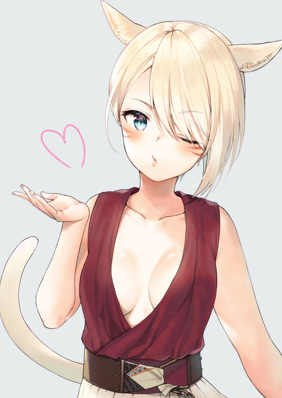 1girl animal_ears bangs bare_arms bare_shoulders blonde_hair blown_kiss blue_eyes blush breasts cat_ears cat_girl cat_tail closed_mouth collarbone commentary dress eyebrows_visible_through_hair eyes_visible_through_hair final_fantasy final_fantasy_xiv grey_background hair_over_one_eye hand_up heart medium_breasts midorikawa_you miqo'te one_eye_closed red_dress simple_background sleeveless sleeveless_dress solo symbol_commentary tail tail_raised upper_body whisker_markings