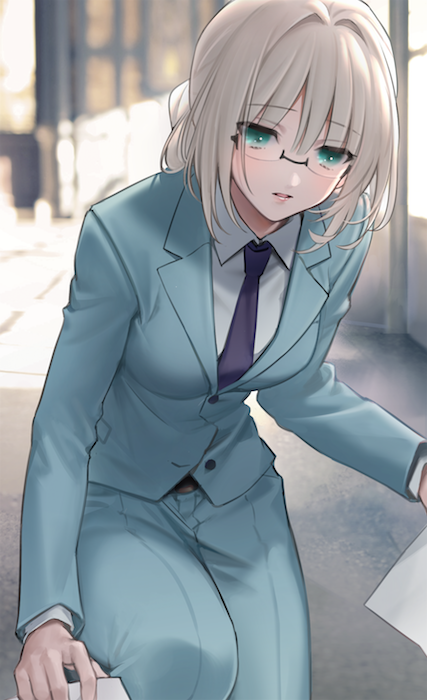 1girl an-94_(girls_frontline) aqua_eyes bangs belt blue_jacket blue_neckwear blue_pants blue_suit blurry blurry_background breasts collared_shirt commentary_request eyebrows_visible_through_hair formal girls_frontline glasses indoors jacket pants paper parted_lips partial_commentary picking_up platinum_blonde_hair shirt sidelocks squatting suit urano_ura white_shirt