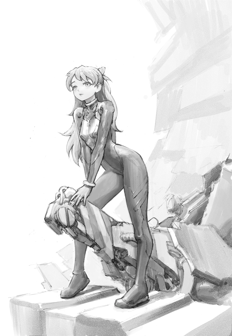 all_fours corel_painter evangelion:_1.0_you_are_(not)_alone evangelion:_3.0_you_can_(not)_redo from_below gainax greyscale latex long_hair monochrome neon_genesis_evangelion rebuild_of_evangelion sketch souryuu_asuka_langley yugen99