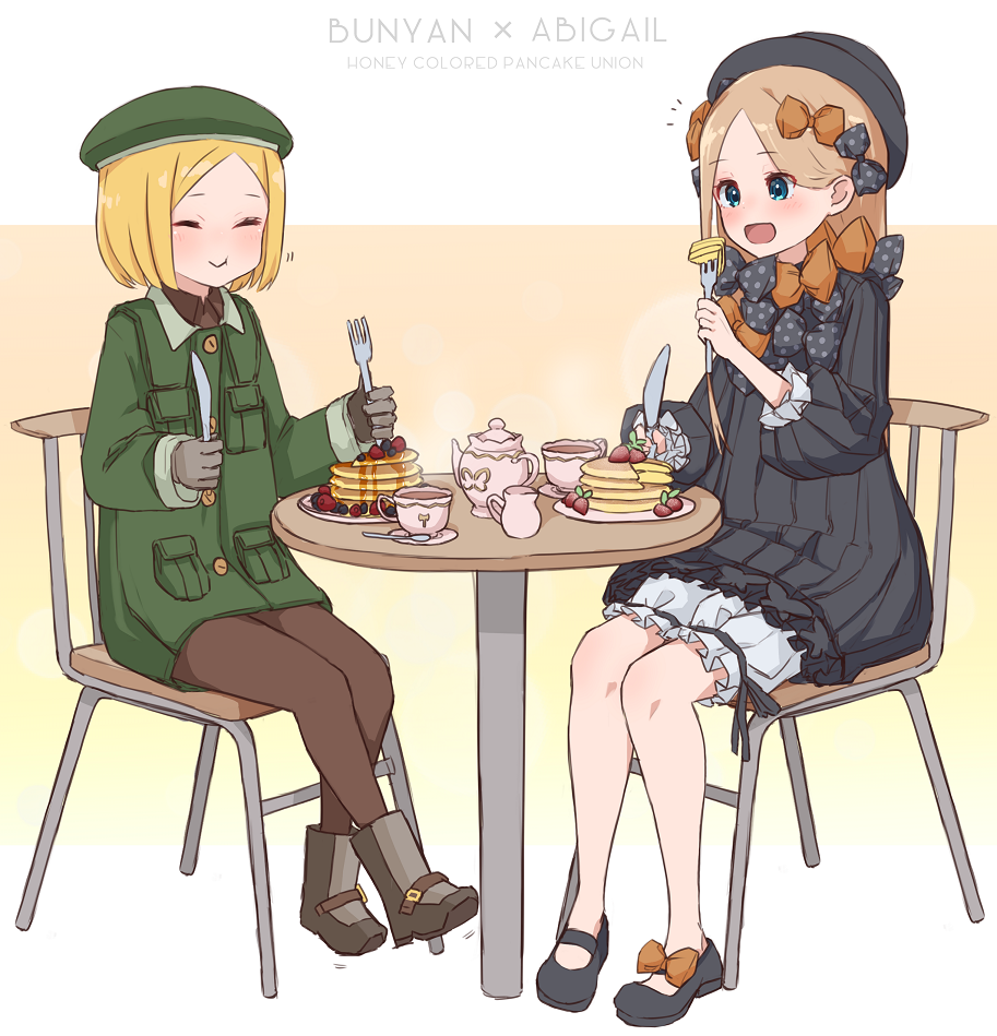 2girls :d :t abigail_williams_(fate/grand_order) bangs beret black_bow black_dress black_footwear black_headwear blonde_hair blue_eyes blush boots bow brown_gloves brown_legwear bug butterfly chair character_name closed_eyes closed_mouth collared_jacket commentary_request cup dress eating fate/grand_order fate_(series) food fork gloves green_headwear green_jacket hair_bow hat holding holding_fork holding_knife insect jacket knife kopaka_(karda_nui) long_hair long_sleeves mary_janes multiple_girls on_chair open_mouth orange_bow pancake pantyhose parted_bangs paul_bunyan_(fate/grand_order) plate polka_dot polka_dot_bow shoes sitting smile stack_of_pancakes table teacup teapot very_long_hair