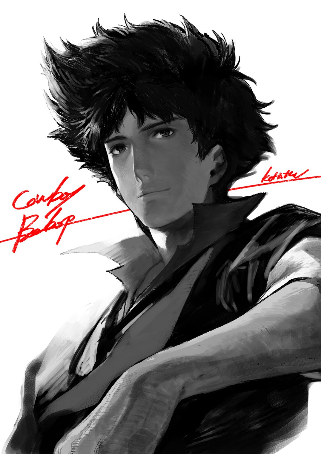 1boy closed_mouth copyright_name cowboy_bebop highres kotatsu_(g-rough) looking_at_viewer male_focus popped_collar shirt signature simple_background smile solo spike_spiegel upper_body white_background