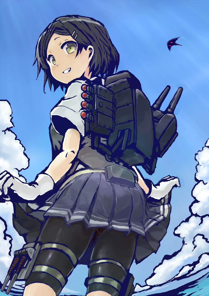 1girl bike_shorts black_hair clouds day from_below gloves grey_skirt grin hair_ornament hairclip kantai_collection kuroshio_(kantai_collection) ocean outdoors pleated_skirt rigging shirt short_hair short_sleeves shorts shorts_under_skirt skirt skirt_hold sky smile solo sowamame they're_not_panties vest water white_gloves white_shirt yellow_eyes