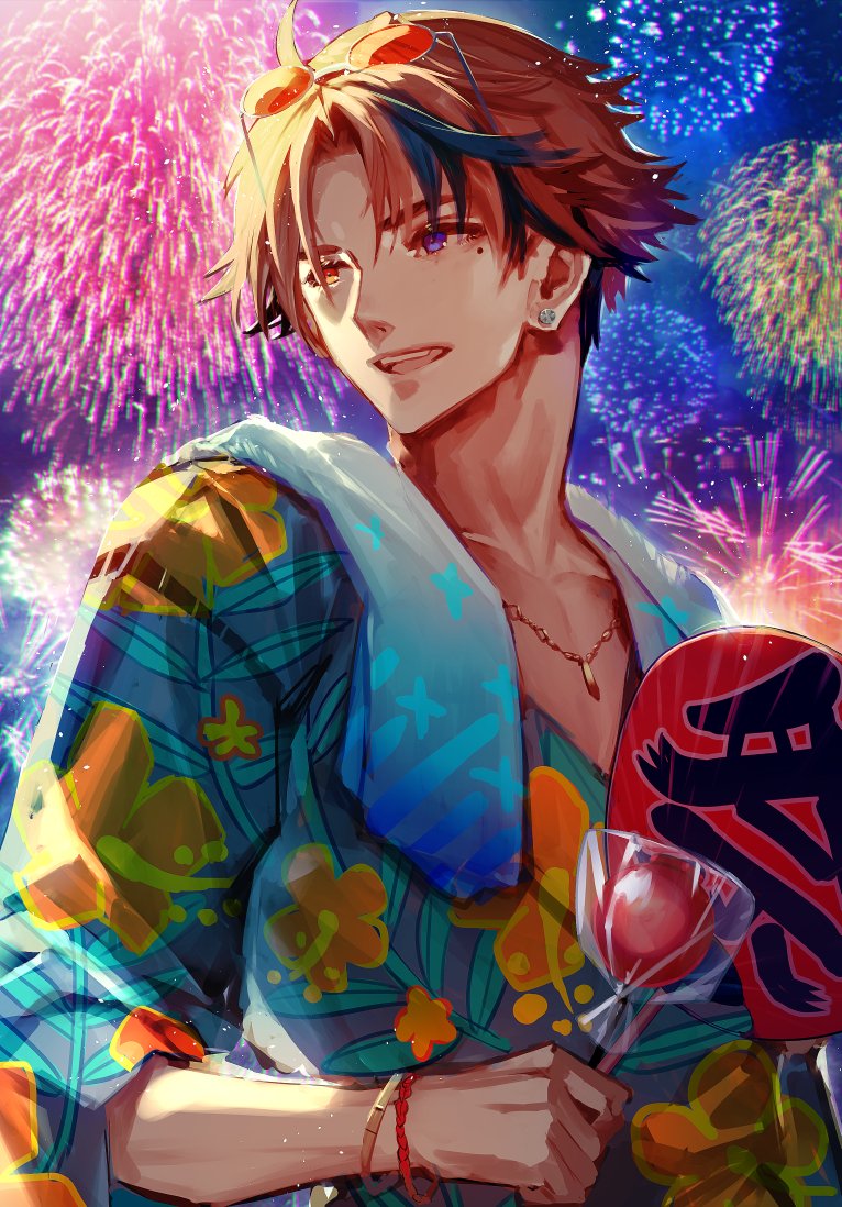 1boy commentary_request earrings fireworks floral_print heterochromia holostars jewelry looking_to_the_side male_focus mebaru mole mole_under_eye necklace open_mouth orange_eyes orange_hair short_hair solo upper_body violet_eyes virtual_youtuber yukoku_roberu