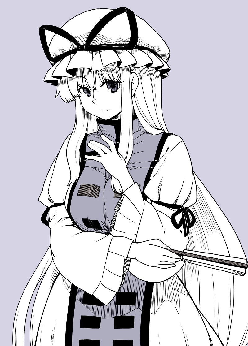 1girl closed_mouth cowboy_shot eyebrows_visible_through_hair fan folding_fan hand_up hat hat_ribbon holding holding_fan long_sleeves looking_at_viewer monochrome pillow_hat poronegi purple_background purple_hair ribbon simple_background smile solo standing tabard touhou violet_eyes wide_sleeves yakumo_yukari