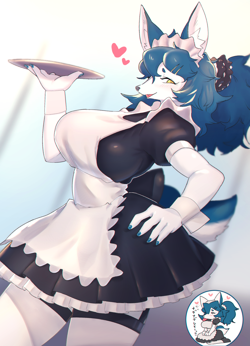 &gt;_&lt; 1girl animal_ears apron back_bow bangs black_dress black_footwear blue_hair blue_nails blurry blurry_background blush bow breasts chibi chibi_inset closed_eyes commentary_request cowboy_shot dress dutch_angle fang flying_sweatdrops fox_ears fox_tail frilled_dress frills furry garter_straps hair_ornament hairclip half-closed_eyes hand_on_hip hand_up happy heart highres holding huge_breasts kneeling light_blush long_hair looking_at_viewer maid maid_headdress multiple_views nail_polish open_mouth original ponytail scrunchie seiza shiny shiny_hair shoes short_dress sitting smile standing suigi tail thigh-highs tied_hair translation_request tray white_legwear wrist_cuffs yellow_eyes