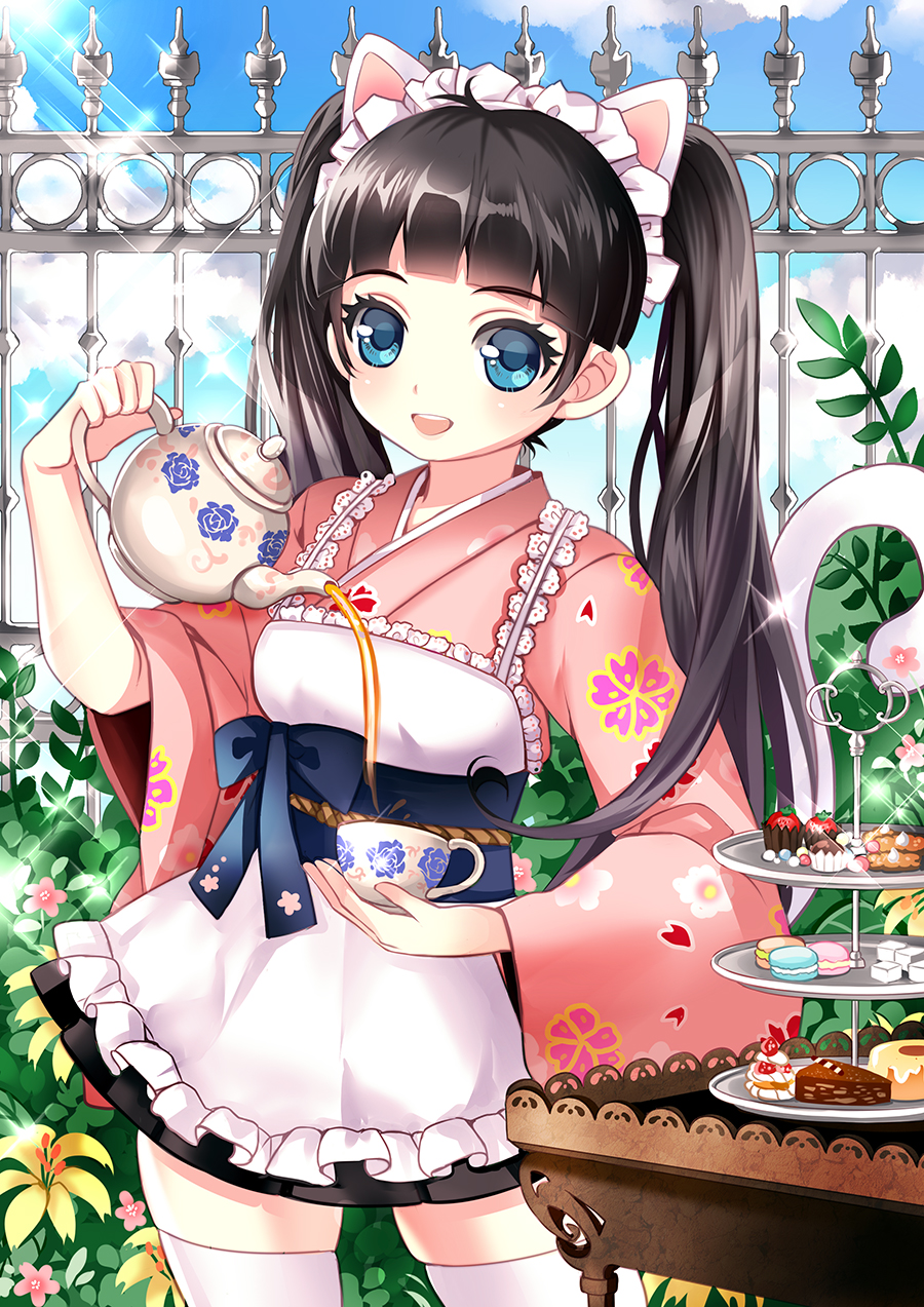 1girl :d animal_ears antenna_hair apron bangs black_hair black_skirt blue_eyes blue_pupils blue_sky blunt_bangs blush breasts cat_ears cat_tail clouds cloudy_sky commentary_request cowboy_shot cup eyebrows_visible_through_hair fence floral_print flower flower_request food food_request frilled_apron frills fruit highres holding holding_cup holding_teapot japanese_clothes kimono light_rays long_hair looking_at_viewer macaron maid maid_apron maid_headdress medium_breasts moe2015 noaru_(meroring) obi obi_bow open_mouth original outdoors pink_kimono pleated_skirt pouring sash short_kimono short_yukata sidelocks skindentation skirt sky smile solo sparkle standing strawberry sugar_cube sunbeam sunlight table tail tea teacup teapot thigh-highs tiered_tray twintails upper_teeth wa_maid white_apron wooden_table yukata zettai_ryouiki