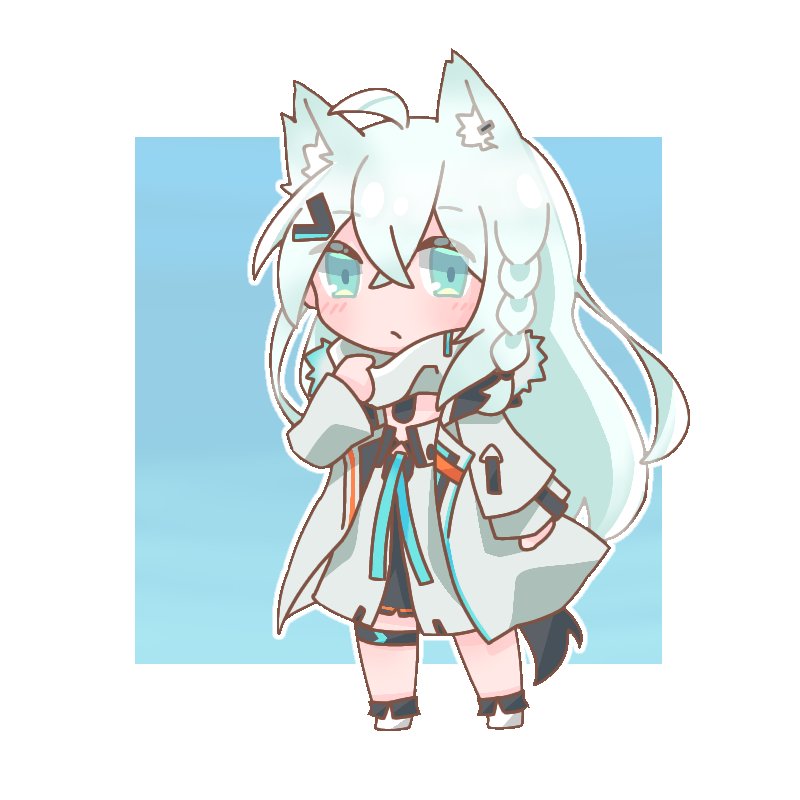 1girl ahoge animal_ear_fluff animal_ears bangs black_dress blue_background blush border braid chibi commentary_request detached_collar dog_tags dress earrings eyebrows_visible_through_hair fox_ears fox_girl fox_tail fur-trimmed_jacket fur_trim green_eyes hair_between_eyes hair_ornament hairclip hololive jacket jewelry long_hair long_sleeves looking_at_viewer miya_(miya3890) open_clothes open_jacket shirakami_fubuki shirt sidelocks simple_background single_braid solo tail thigh_strap virtual_youtuber white_background white_hair white_jacket white_shirt