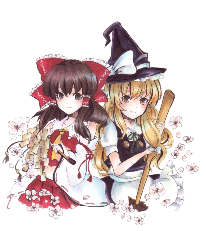 2girls apron bangs black_headwear bow broom brown_eyes closed_mouth detached_sleeves eyebrows_visible_through_hair frilled_apron frilled_bow frilled_hair_tubes frills green_ribbon hair_between_eyes hair_bow hair_tubes hakurei_reimu hat hat_bow holding holding_broom kirisame_marisa long_sleeves marker_(medium) midriff multiple_girls neck_ribbon pleated_skirt red_bow red_shirt red_skirt ribbon ribbon-trimmed_sleeves ribbon_trim shirt short_sleeves simple_background skirt sleeveless sleeveless_shirt smile standing stomach touhou traditional_media uro_(m369) waist_apron white_apron white_background white_bow white_shirt white_sleeves wide_sleeves witch_hat