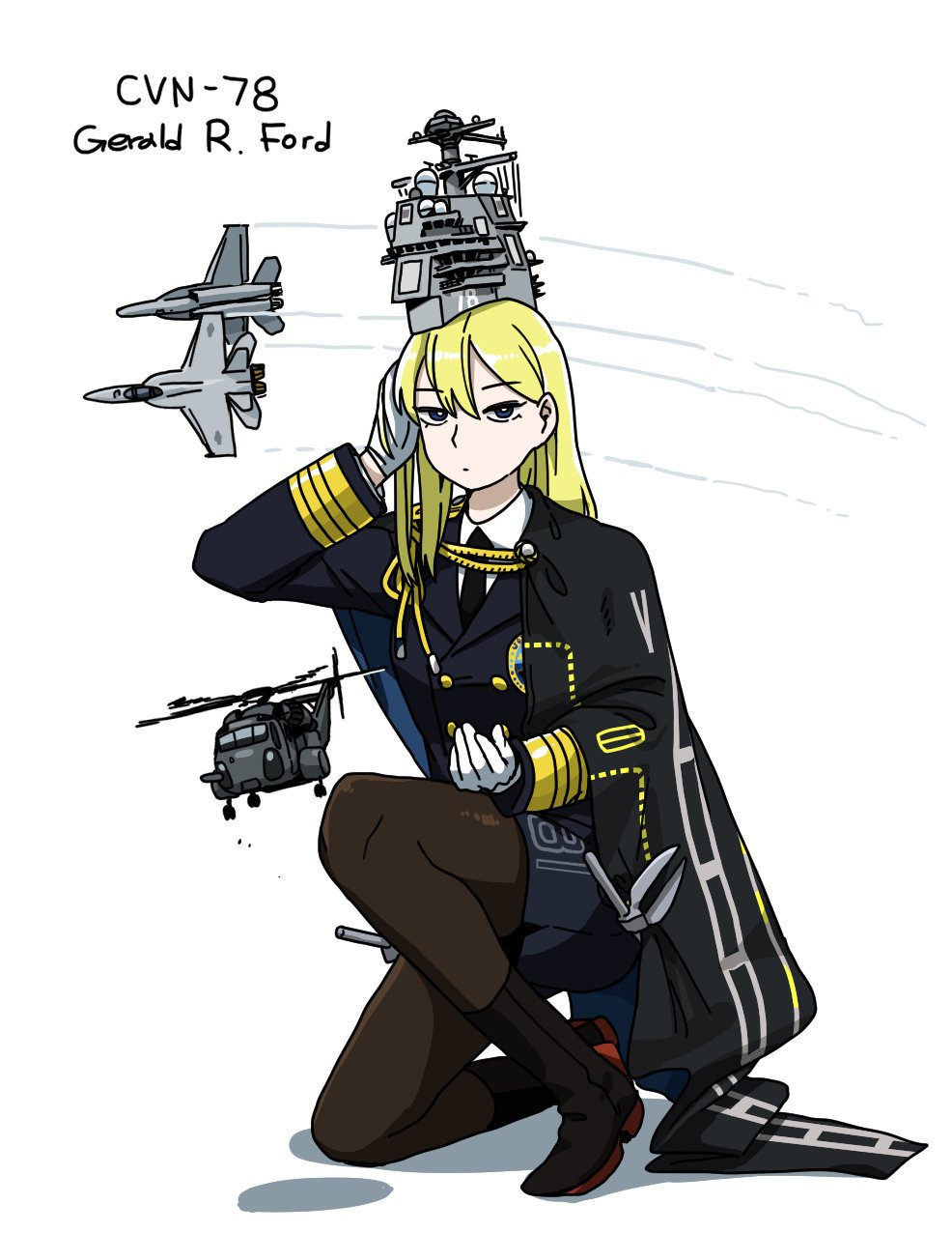 1girl anyan_(jooho) black_cape black_footwear black_jacket black_legwear black_skirt blonde_hair blue_eyes boots cape ch-53 f-18_hornet formal full_body gloves hand_on_own_head highres jacket kneeling long_hair long_sleeves looking_at_viewer mecha_musume original pantyhose skirt skirt_suit solo suit united_states_navy white_gloves