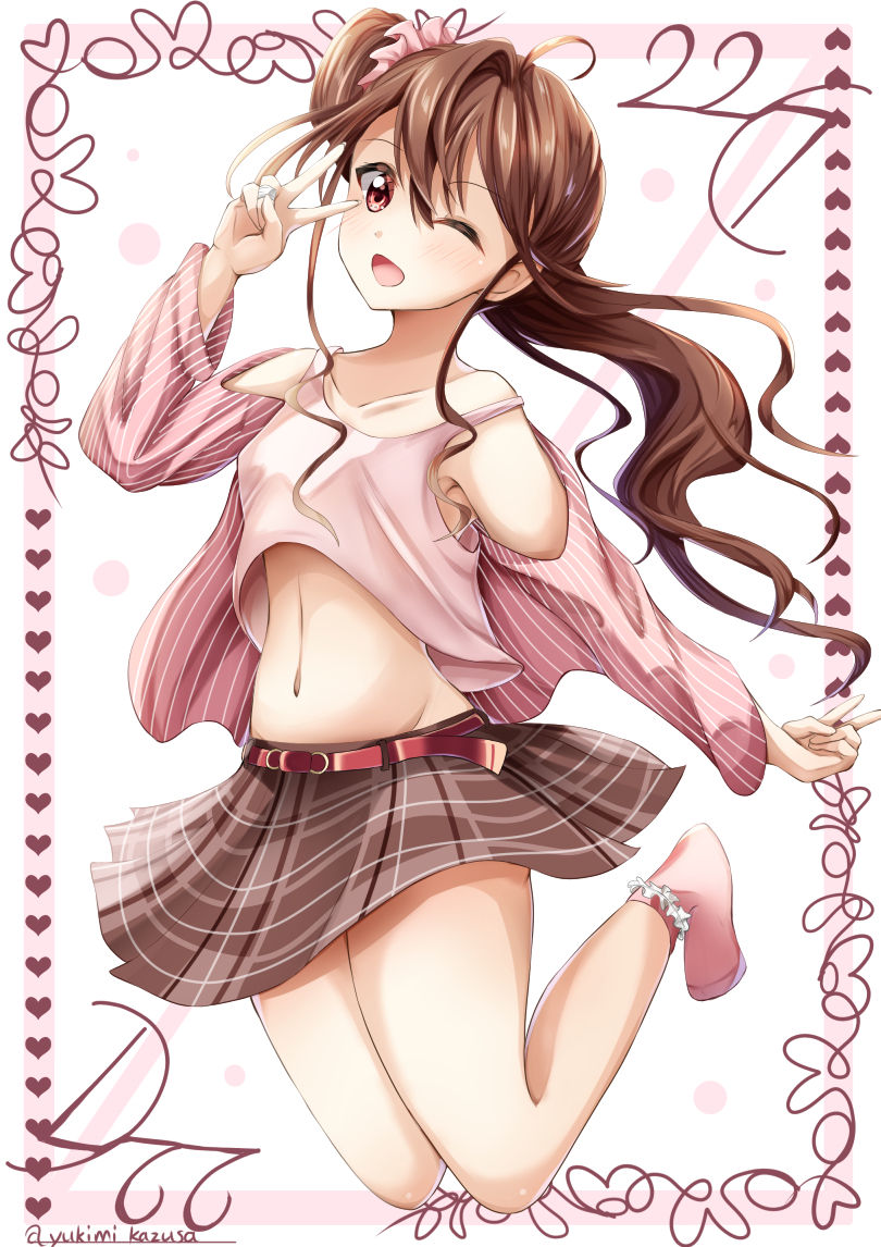 1girl 22/7 ;d artist_name belt brown_hair brown_skirt full_body hair_ornament hair_scrunchie hand_up long_hair navel one_eye_closed open_mouth pink_legwear pink_scrunchie scrunchie side_ponytail simple_background skirt smile socks solo toda_jun v yukimi_kazusa