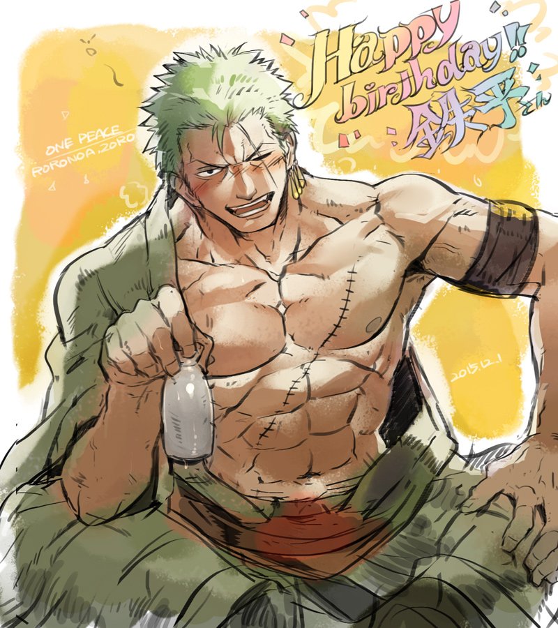 1boy abs bara blush chest crossed_legs earrings green_hair happy_birthday jewelry looking_at_viewer male_focus muscle nikism nipples one_piece pectorals roronoa_zoro scar shirtless sketch smile solo