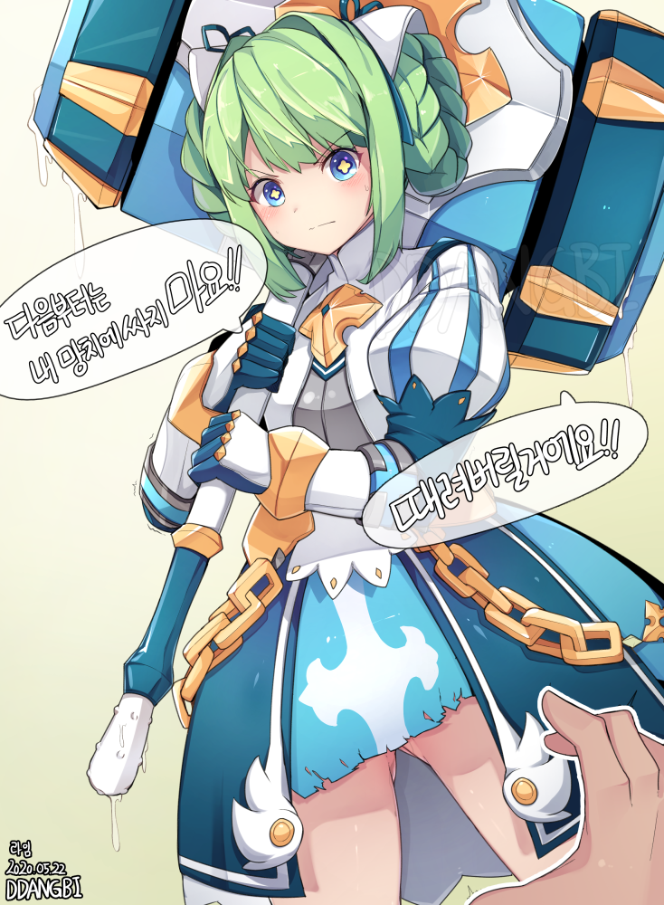+_+ 1girl armor armored_dress blue_eyes blush ddangbi gauntlets grand_chase green_hair hammer huge_weapon lime_serenity symbol-shaped_pupils translation_request weapon