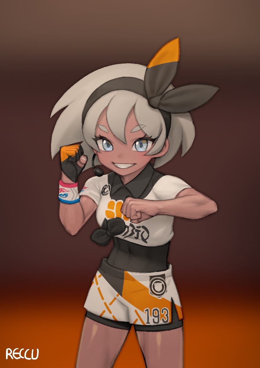 1girl artist_name bangs black_bodysuit black_hairband blue_eyes bodysuit bodysuit_under_clothes clenched_hands collared_shirt commentary_request covered_navel cowboy_shot dynamax_band eyelashes gloves grey_hair gym_leader hairband hands_up medium_hair microphone pokemon pokemon_(game) pokemon_swsh print_shirt print_shorts rekyu_(rcrcx2) saitou_(pokemon) shirt short_sleeves shorts single_glove solo teeth tied_shirt