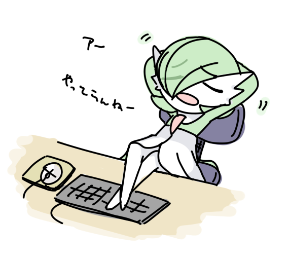 1girl arms_behind_head arms_up bangs bob_cut closed_eyes colored_skin crossed_legs eyebrows_visible_through_hair eyes_visible_through_hair flat_chest gardevoir gen_3_pokemon green_hair green_skin hair_over_one_eye keyboard_(computer) leaning_back lotosu mouse_(computer) mousepad_(object) multicolored multicolored_skin on_chair open_mouth pokemon pokemon_(creature) short_hair simple_background sitting sketch solo swivel_chair table talking translation_request two-tone_skin white_background white_skin