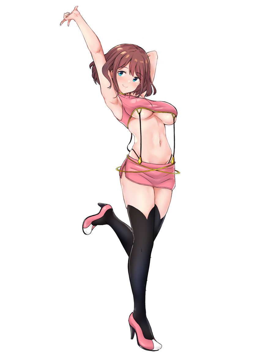 1girl armpits arms_up bangs black_legwear blue_eyes blush breasts brown_hair closed_mouth commentary_request full_body high_heels leg_up medium_hair miniskirt nakasima-syouta navel original pink_footwear pink_skirt side_slit simple_background skirt smile solo suspender_skirt suspenders thigh-highs under_boob w white_background
