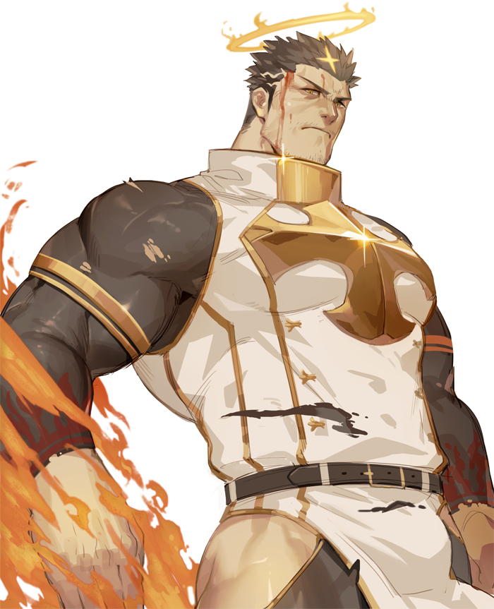 1boy bara black_hair bodysuit bruise bulge chest facial_hair fire gomtang halo injury male_focus manly muscle pectorals pelvic_curtain solo stubble thigh_cutout thighs tokyo_houkago_summoners torn_bodysuit torn_clothes upper_body yellow_eyes zabaniya_(tokyo_houkago_summoners)