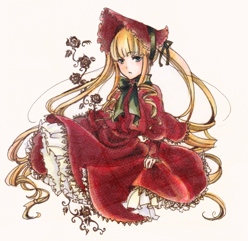 1girl bangs black_ribbon blonde_hair blunt_bangs capelet dress eyebrows_visible_through_hair floating_hair green_eyes green_neckwear hair_ribbon layered_dress long_dress long_hair long_sleeves marker_(medium) open_mouth red_capelet red_dress red_headwear ribbon rozen_maiden shinku shiny shiny_hair simple_background solo traditional_media twintails uro_(m369) very_long_hair white_background