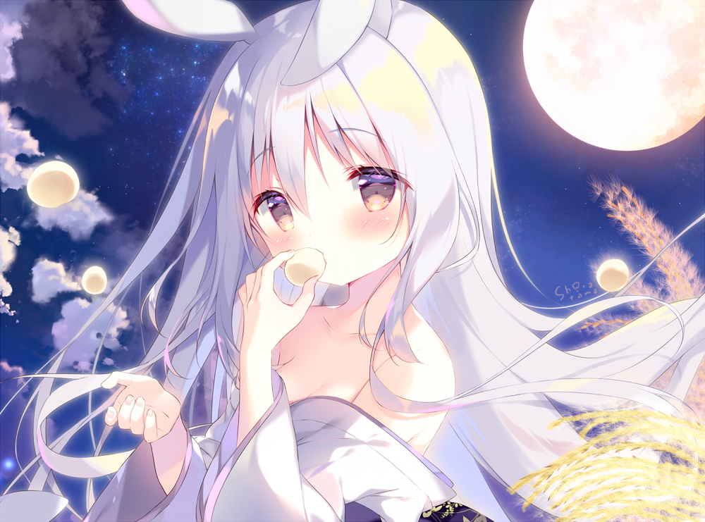 1girl animal_ears bangs bare_shoulders blush brown_eyes clouds collarbone commentary_request dango eating eyebrows_visible_through_hair food full_moon hair_between_eyes hands_up holding holding_food japanese_clothes kimono long_hair long_sleeves looking_at_viewer moon night night_sky off_shoulder original outdoors rabbit_ears shiratama_(shiratamaco) signature silver_hair sky solo star_(sky) starry_sky upper_body wagashi white_kimono wide_sleeves