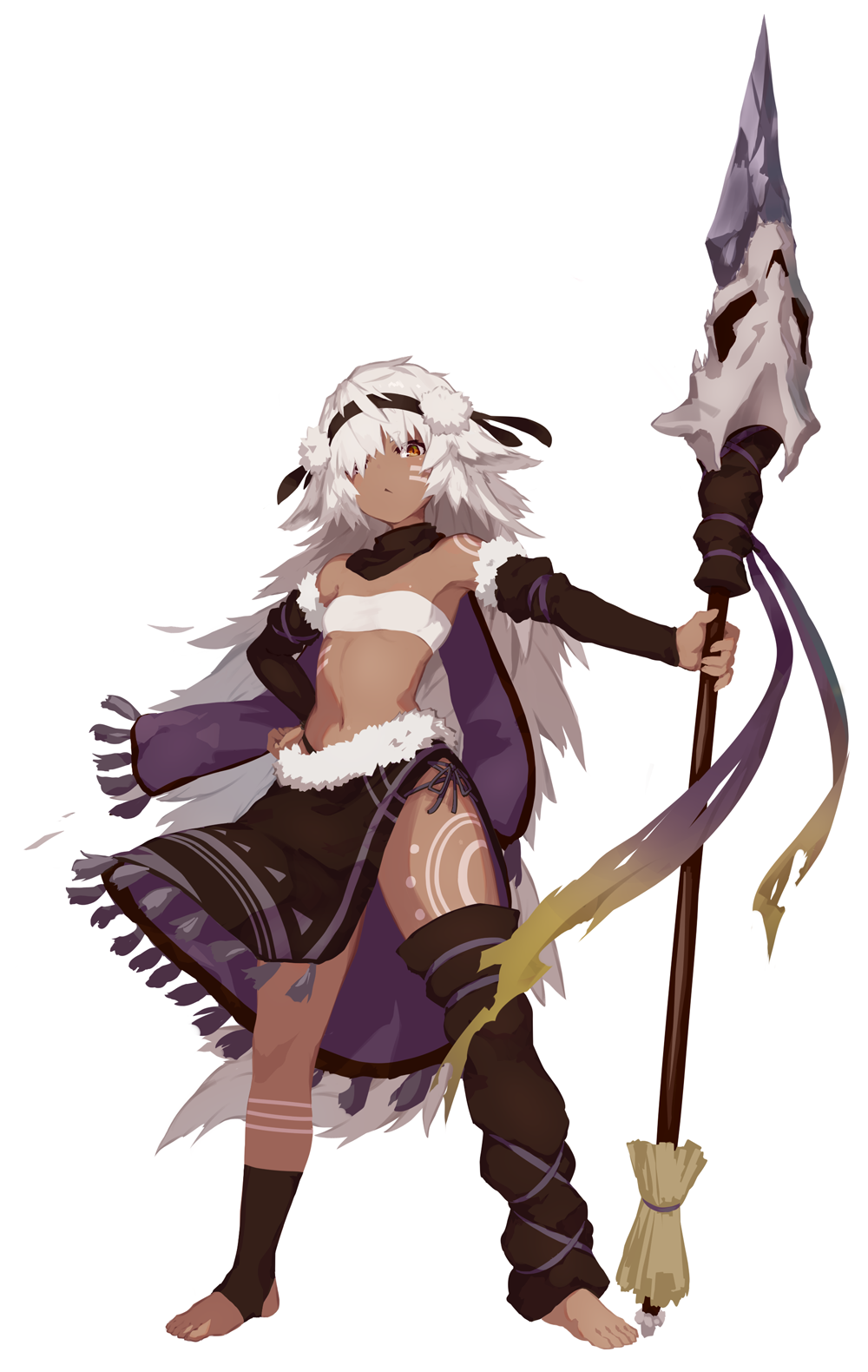 1girl bandeau bangs bare_shoulders black_legwear black_sleeves brown_eyes closed_mouth dark_skin detached_sleeves facial_mark full_body fur_trim hair_over_one_eye hand_on_hip highres holding holding_spear holding_weapon kazana_(sakuto) long_sleeves mismatched_legwear navel no_shoes original outstretched_arm polearm silver_hair simple_background single_sock socks solo spear standing stirrup_legwear strapless toeless_legwear weapon white_background white_bandeau