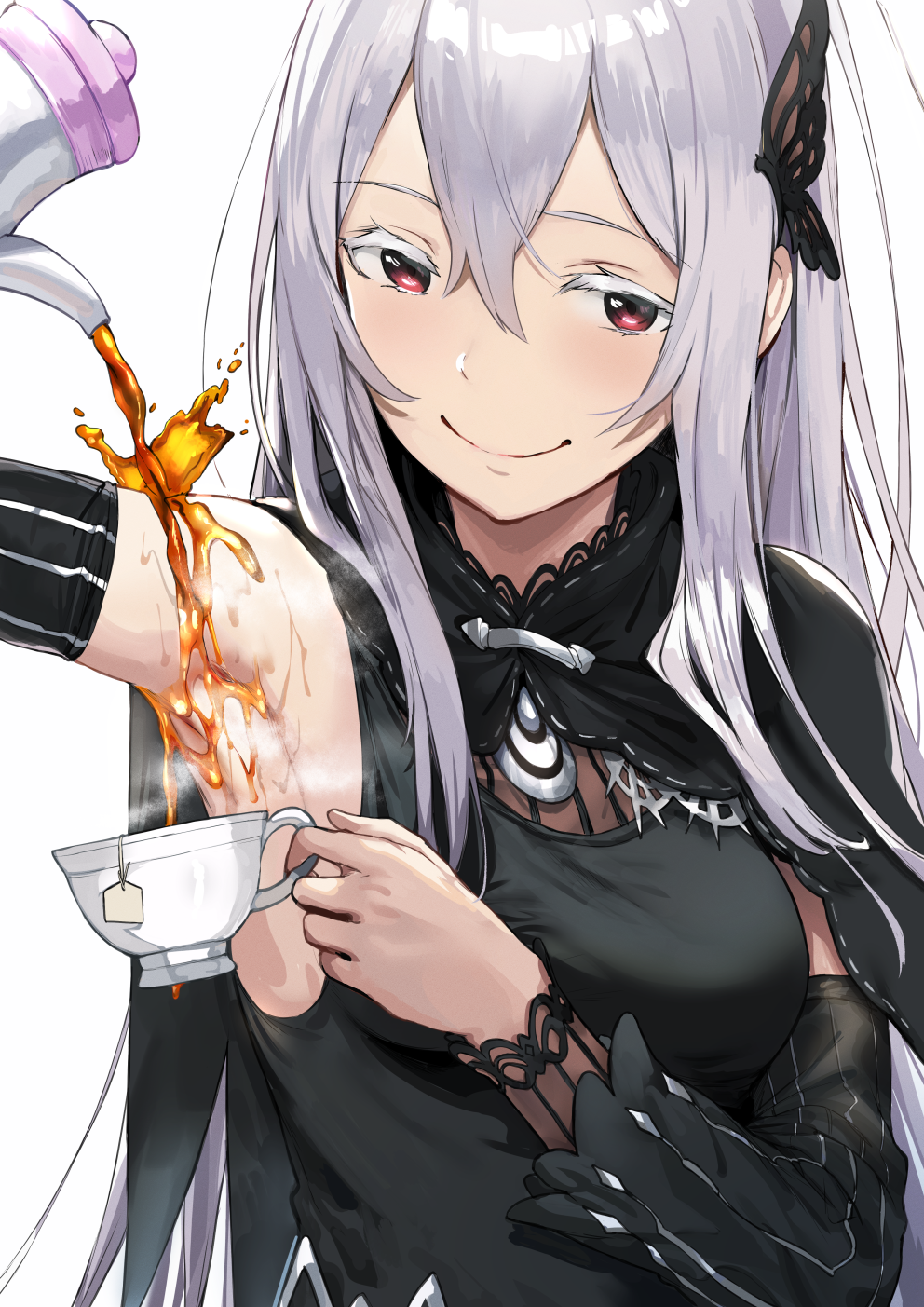 1girl bangs bare_shoulders black_capelet black_dress blush breasts butterfly_hair_ornament capelet closed_mouth cup dress echidna_(re:zero) hair_ornament hews_hack highres large_breasts long_hair looking_at_viewer pouring re:zero_kara_hajimeru_isekai_seikatsu red_eyes silver_hair simple_background smile striped tea teacup teapot vertical_stripes