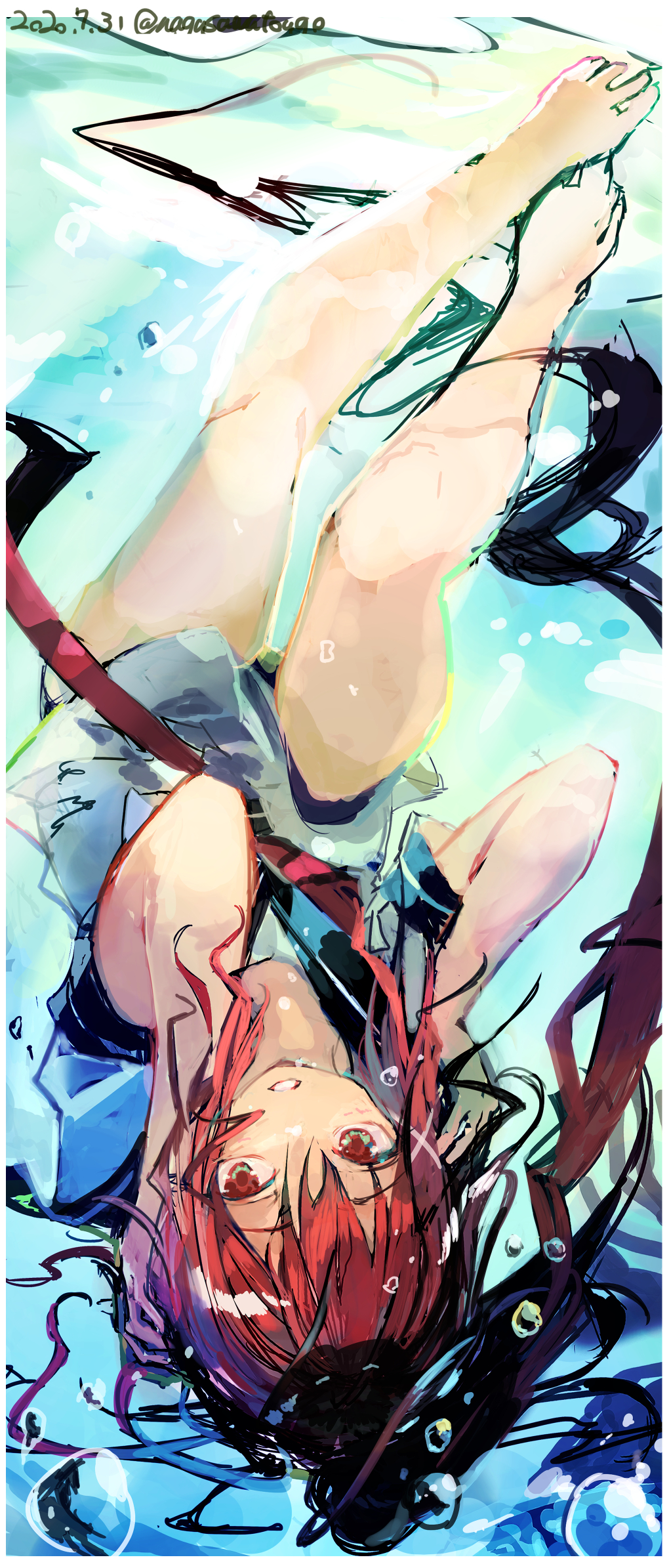 1girl bangs barefoot bubble dated hair_ornament highres i-168_(kantai_collection) kantai_collection long_hair nagasawa_tougo one-piece_swimsuit parted_lips ponytail red_eyes redhead sailor_collar short_sleeves sidelocks solo swimsuit swimsuit_under_clothes twitter_username underwater upside-down water x_hair_ornament