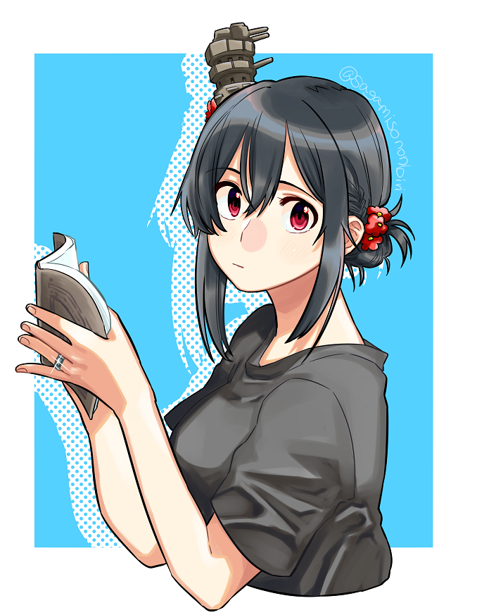 1girl alternate_costume alternate_hairstyle black_hair black_shirt blue_background book border cropped_torso hair_ornament jewelry kantai_collection looking_at_viewer red_eyes ring sagamiso shirt short_hair solo t-shirt tied_hair two-tone_background upper_body wedding_band white_border yamashiro_(kantai_collection)
