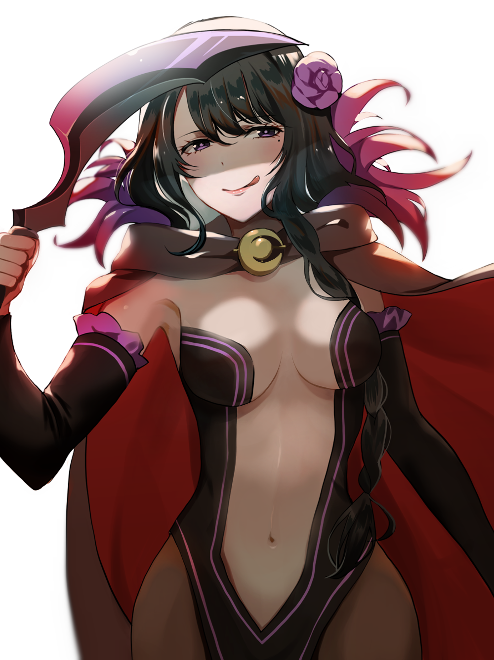1girl black_hair breasts brown_cape cape center_opening commentary_request elsa_granhilte flower hair_flower hair_ornament highres kedama_(fxdm8544) large_breasts long_hair looking_at_viewer mole mole_under_eye multicolored multicolored_cape multicolored_clothes navel re:zero_kara_hajimeru_isekai_seikatsu red_cape simple_background smile solo violet_eyes white_background