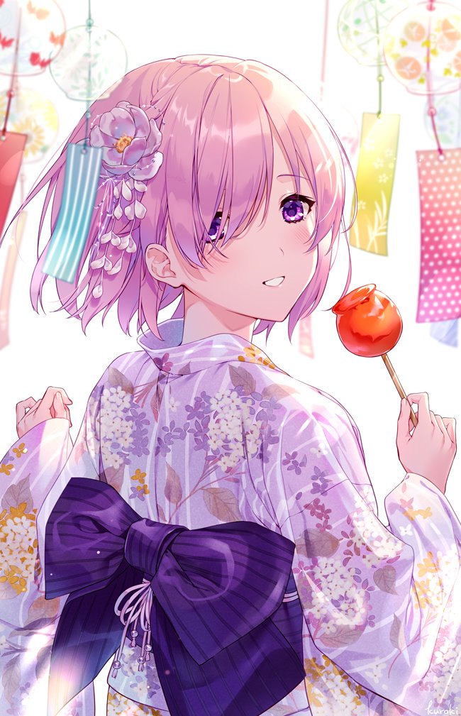 1girl :d artist_name bangs blush candy_apple commentary day eyebrows_visible_through_hair fate/grand_order fate_(series) festival floral_print flower flower_request food from_behind hair_flower hair_ornament hair_over_one_eye hands_up holding holding_stick japanese_clothes kimono kuroki_(ma-na-tu) looking_at_viewer looking_back mash_kyrielight obi one_eye_covered open_mouth outdoors pink_hair print_kimono purple_pupils sash shiny shiny_hair short_hair signature smile solo standing stick summer swept_bangs tanabata tanzaku upper_body violet_eyes white_background yukata