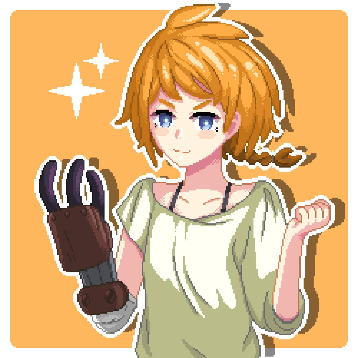 1girl blue_eyes braid chalm clenched_hand decadence_(anime) hand_up highres looking_at_viewer natsume_(decadence) orange_background orange_hair pixel_art prosthesis prosthetic_arm shirt short_hair smile solo upper_body white_shirt