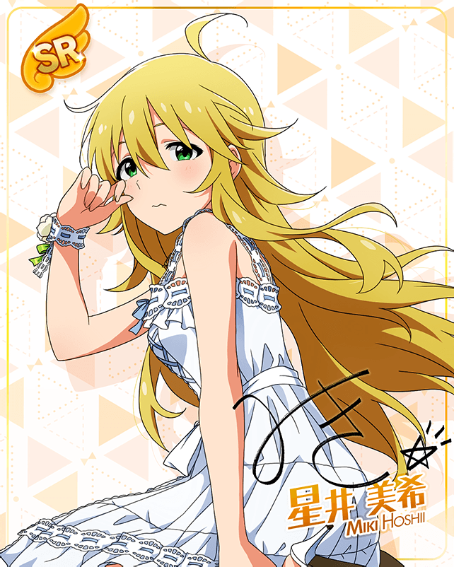 blonde_hair blush character_name dress green_eyes hoshii_miki idolmaster_million_live!_theater_days long_hair