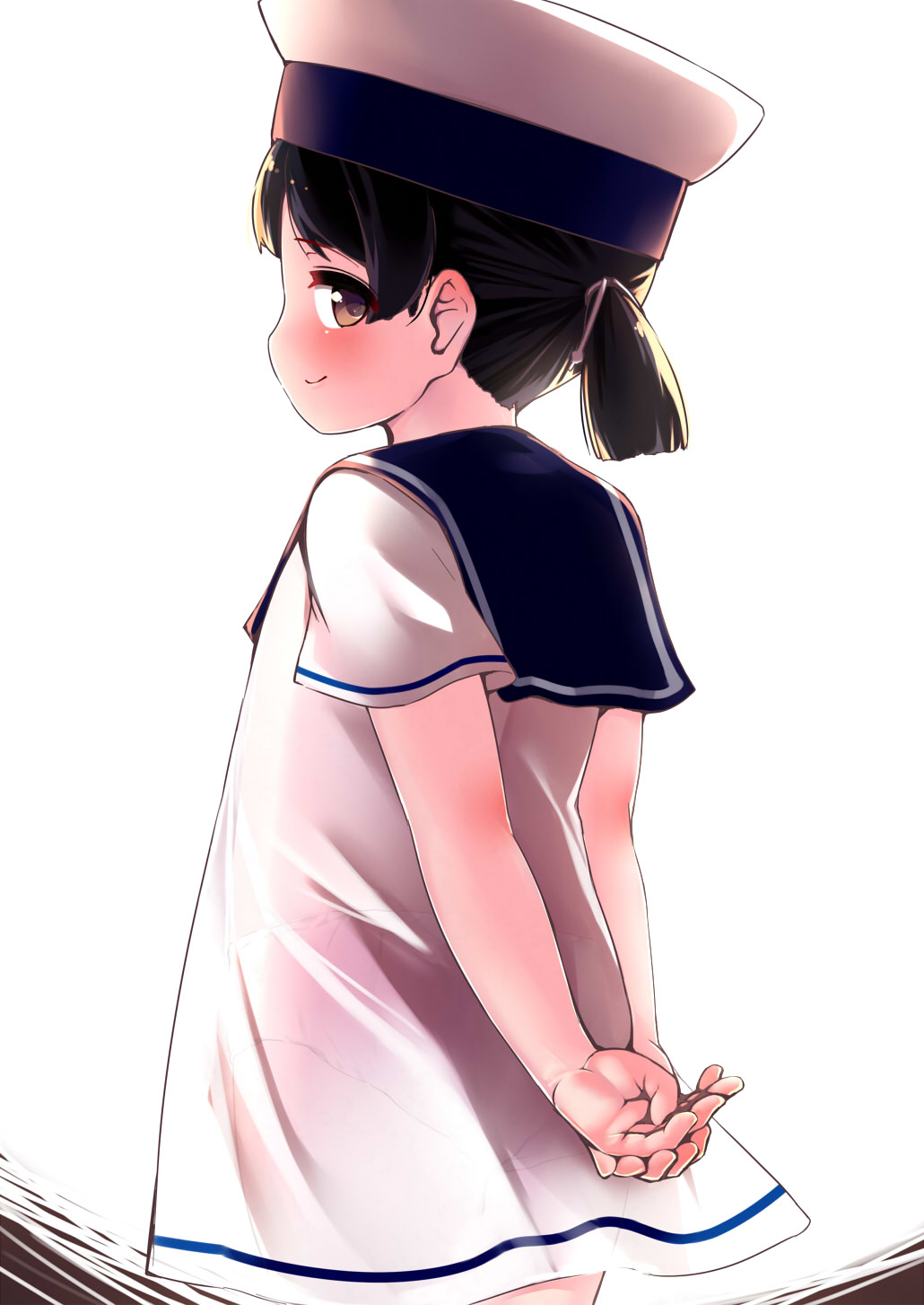 1girl arms_behind_back bangs black_hair blue_sailor_collar brown_eyes dress gigokku hat hiburi_(kantai_collection) highres kantai_collection panties pink_panties ponytail sailor_collar sailor_dress sailor_hat see-through short_hair short_sleeves simple_background smile solo underwear white_headwear