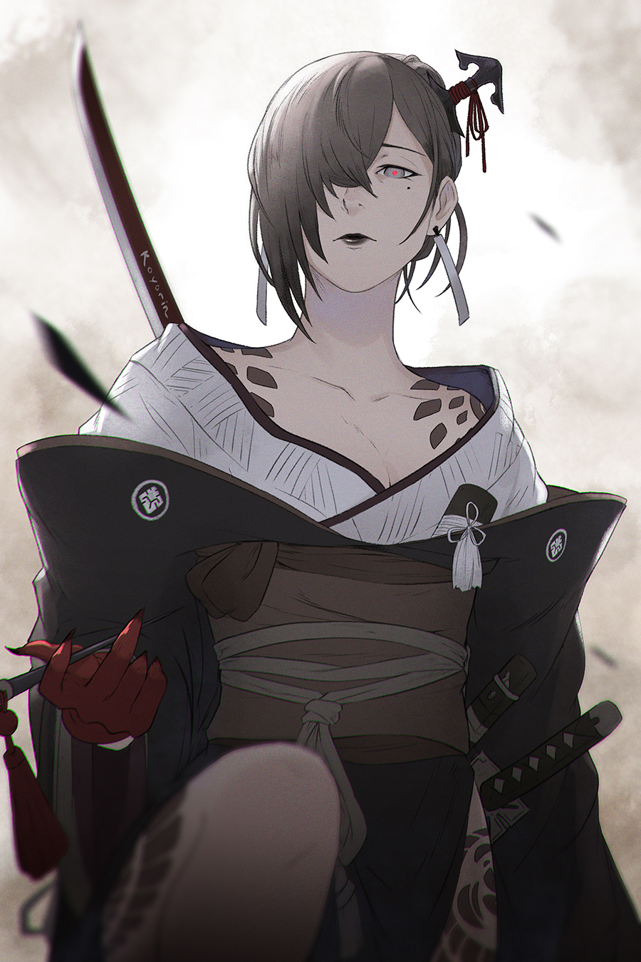 1girl black_hair black_lips blue_eyes blurry_foreground earrings hair_ornament hair_over_one_eye highres japanese_clothes jewelry katana koyorin looking_at_viewer mole mole_under_eye nier_reincarnation obi off-shoulder_kimono pipe red_pupils sash short_hair shoulder_tattoo solo sword tattoo weapon