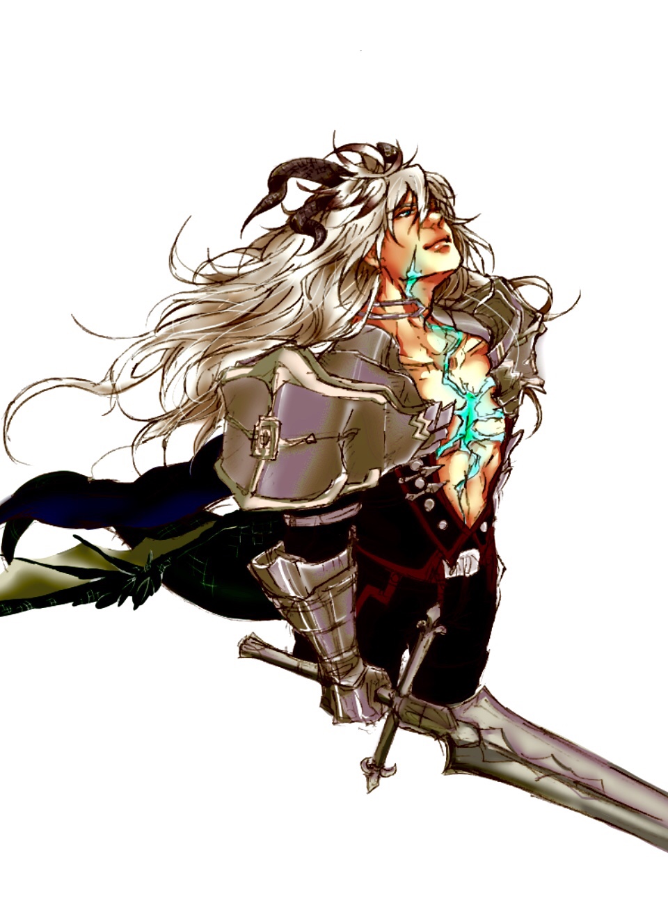 1boy armor balmung_(fate/apocrypha) belt belt_buckle buckle chest_scar don_(sjag3855) dragon_horns dragon_wings fate/apocrypha fate_(series) gauntlets glowing highres holding holding_sword holding_weapon horns long_hair looking_up multiple_horns open_clothes open_shirt scar shoulder_armor siegfried_(fate) silver_hair simple_background smile solo sword v-neck weapon white_background wings